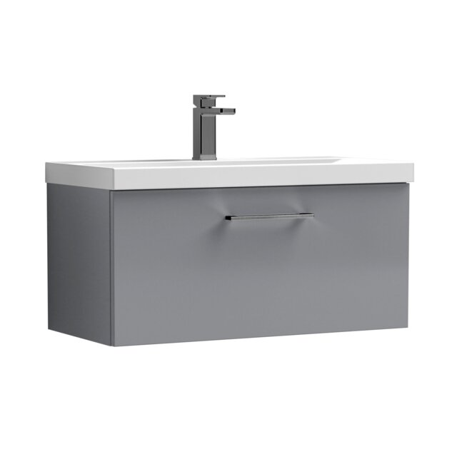 Balterley Wall Hung Bathroom 1 Drawer Vanity Unit and 1 Tap Hole Ceramic Basin, with Handle Grey Satin Grey