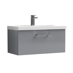 Balterley Wall Hung Bathroom 1 Drawer Vanity Unit and 1 Tap Hole Ceramic Basin, with Handle Grey Satin Grey