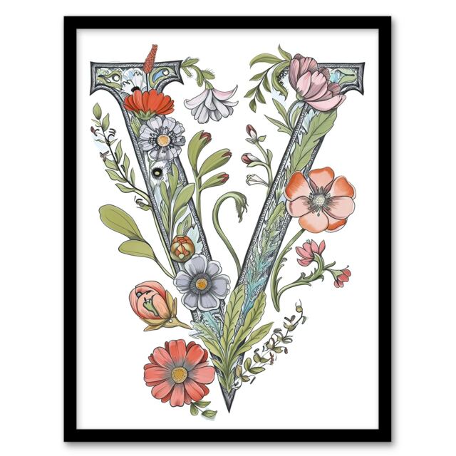 Letter V Wildflowers Elegant Birthday Gift Mum Black Framed Wall Art Print A4