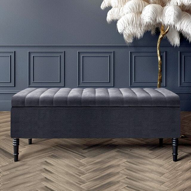 180cm Paris Striped Ottoman Storage Bench -Upholstered Shoes Bench with Black Turned Wooden Legs - Charcoal Naple Ottoman Bench