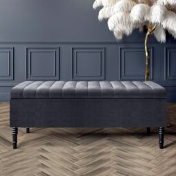 180cm Paris Striped Ottoman Storage Bench -Upholstered Shoes Bench with Black Turned Wooden Legs - Charcoal Naple Ottoman Bench