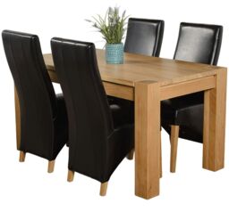 Kuba 150 x 85 cm Chunky Medium Oak Dining Table and 4 Lola Leather Chairs Black Black