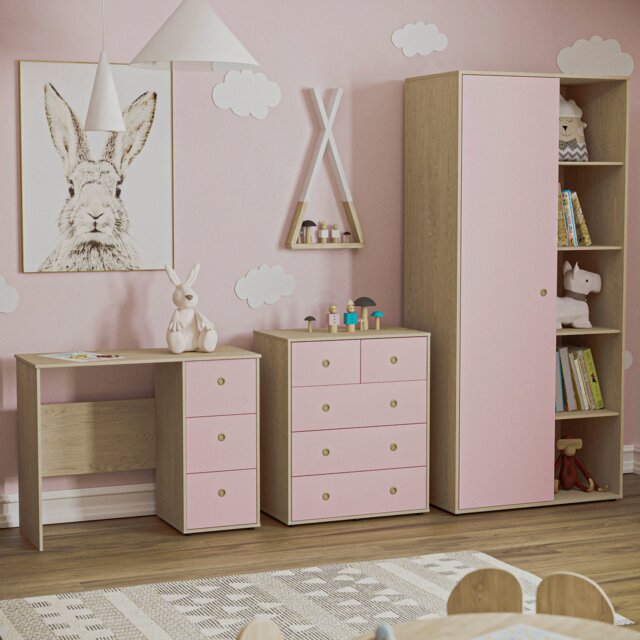 Junior Vida Neptune 3 Piece Bedroom Set, Pink & Oak (Desk, Drawer Chest, Wardrobe) Pink Pink L 3