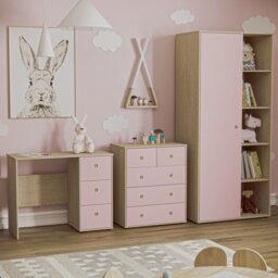 Junior Vida Neptune 3 Piece Bedroom Set, Pink & Oak (Desk, Drawer Chest, Wardrobe) Pink Pink L 3