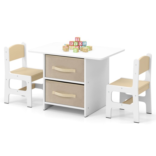 COSTWAY Toddler Wooden Activity Table & 2 Chairs Set Cream