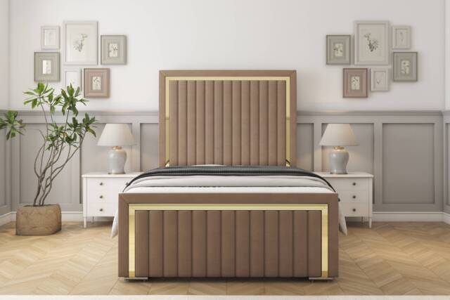"Sloomy Boston Gold Mink Plush Bed Frame With 50"" Upholstered Headboard 2'6 Small Single"