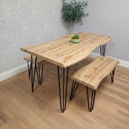 Wooden Dining Table and 2 Benches Set With Metal Hairpin Legs for Dining Room, Work, or Study