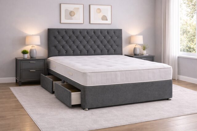 5FT Grey Linen Divan Bed With Headboard & Memory Sprung Mattress 2 Drawers Same Side