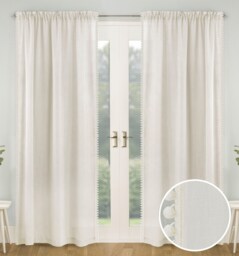Pair of Tahiti Cream Pom-Pom Trim Linen Look Voile Panels with Rod Pocket Header 137 CMS