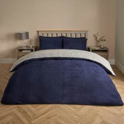 OHS Reversible Soft Teddy Fleece Duvet Cover and Pillowcase Bedding Set, King - Navy Blue/Grey