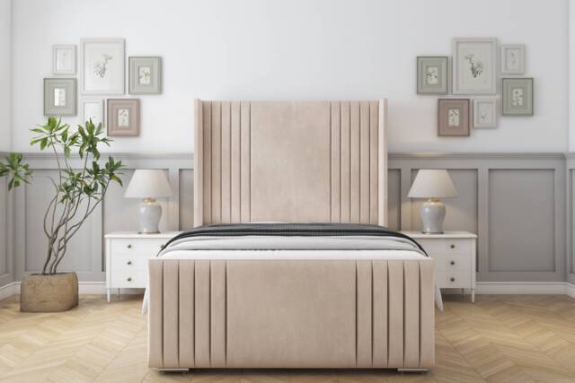"Sloomy Camden Sand Naples Bed Frame With 50"" Upholstered Wingback Headboard 4' Small Double"