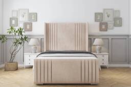 "Sloomy Camden Sand Naples Bed Frame With 50"" Upholstered Wingback Headboard 4' Small Double"