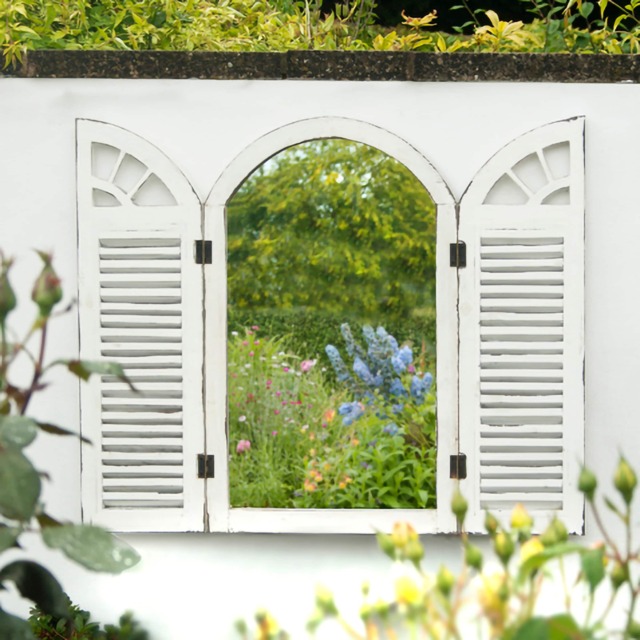 Primrose Antique Glass Garden Mirror with Wooden Outdoor Shutters 2ft 4in x 1ft 6in