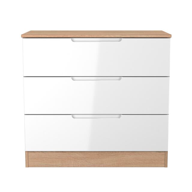 Lucca 3 Drawer Chest of Drawers in White Gloss & Bardolino Oak (Ready Assembled) White White Gloss & Bardolino Oak