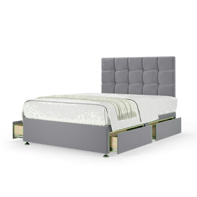 Silver Plush Velvet 4 Drawer Divan Base and Pearl Headboard Small Double