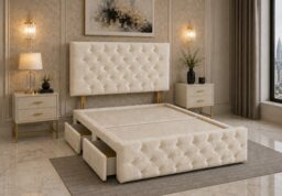 Divan Bed with Upholstered Headboard & Footboard Base 4FT6 Double Cream Crush 4 Drawers