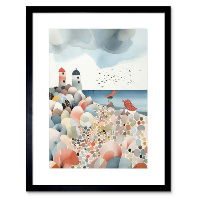 "Lighthouses Birds Pebble Beach Watercolour 9x7"" Black Framed Wall Art Print"