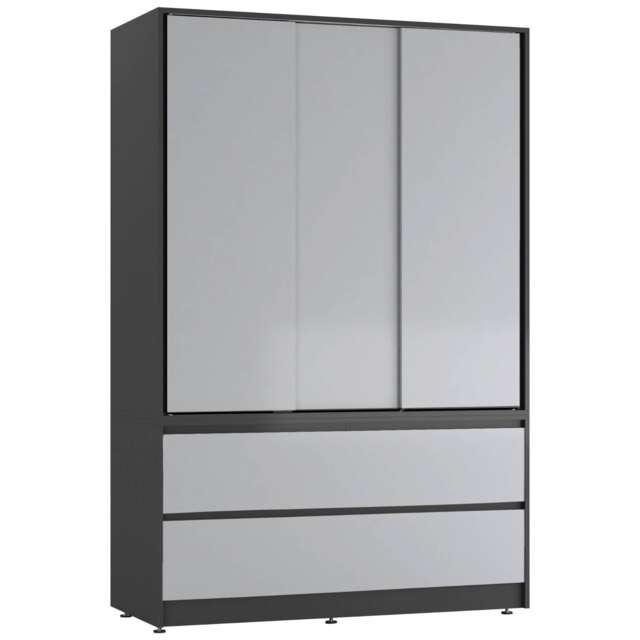 URBNLIVING 3 Sliding Door Wardrobe With 4 Drawers And Hanging Rail Black Grey Drawers 1