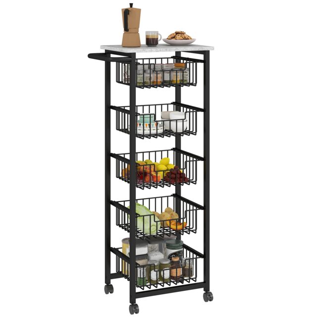 HOMCOM 5-Tier Kitchen Island on Wheels with 5 Pull-Out Baskets, Light Grey