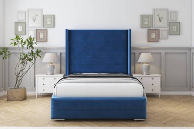 "Sloomy Sterling Navy Plush Bed Frame With Mattress With 50"" Upholstered Wingback Headboard 6' Super King"