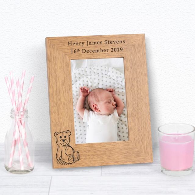 Personalised Teddy Bear Baby Wood Picture Frame 6x4 New Baby