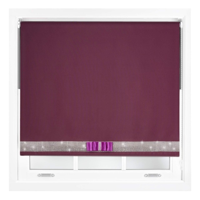 FURNISHED Blackout Roller Blinds with Diamante Trim and Bow Cut to Size Purple Aubergine (W) 120cm x (L) 210cm