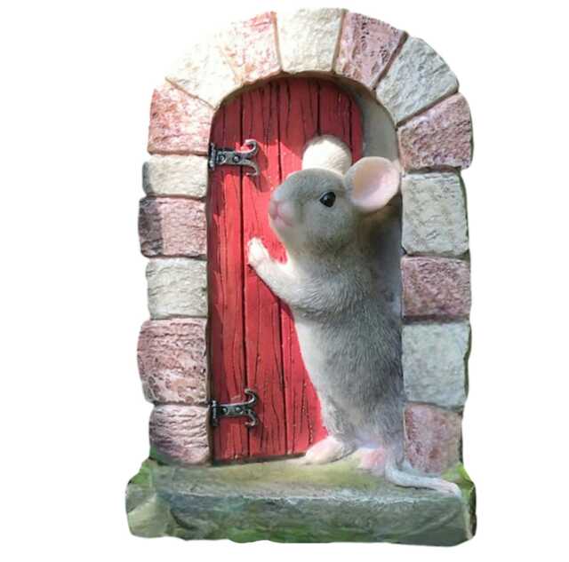 Mouse In Doorway Fairy Garden Ornament, Red Door