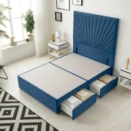 Sunburst Divan Bed with 2 Drawers & 54'' Floor Standing Headboard Plush Velvet Blue Navy