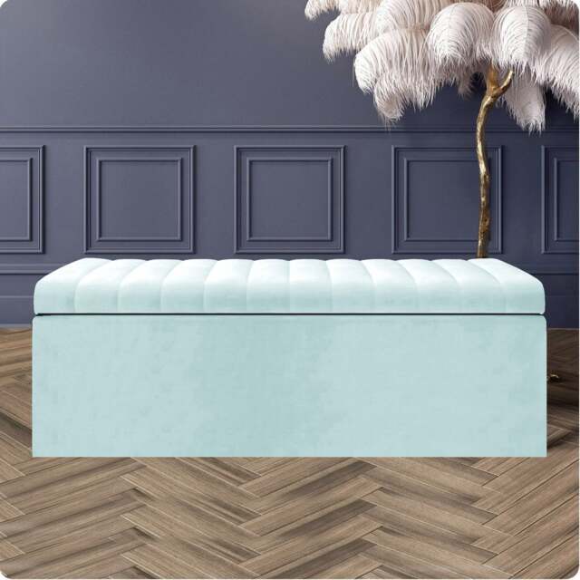 90cm Safar Large Striped Storage Ottoman Box, White Plush Velvet Upholstered Deep Storage Ottoman End of Bed Bench