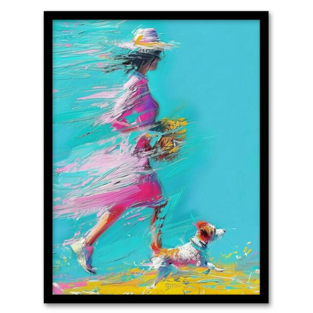 Woman Pet Windy Walk Dog Lover Abstract Black Framed Wall Art Print A4