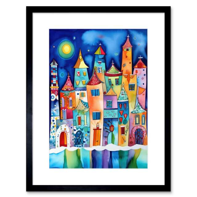 "Midnight Full Moon Colourful Town Folk Art 9x7"" Black Framed Wall Art Print"