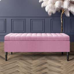 120cm Paris Striped Ottoman Storage Bench- Plush Velvet Shoe Bench - Pink Upholstery Footstool with Storage