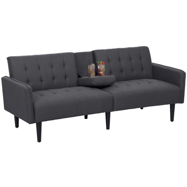 HOMCOM Click Clack Sofa Bed, Linen-Feel Fabric 3 Seater Sofa for Living RoomSpare RoomGuest Room, Bed Settee with Cup Holders, Grey