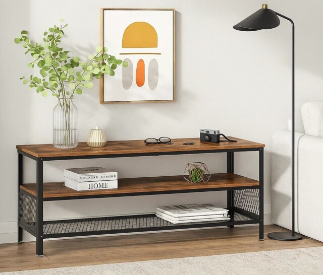 Industrial TV Stand, 140 cm Console Table with Shelves, Metal Frame, Rustic Brown Wood Finish