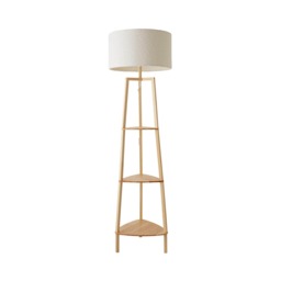 ValueLights Hiru Wooden 3 Tier Shelf Floor Lamp Cream Shade Cream
