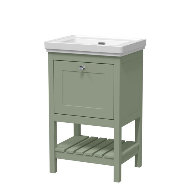Traditional Furniture Floor Standing 1 Drawer Vanity & 0 Tap Hole Fireclay Basin, 500mm, Fern Green Multi