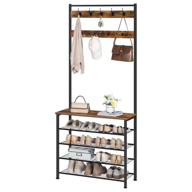Industrial Coat Rack Stand With 5 Tier Shoe Bench