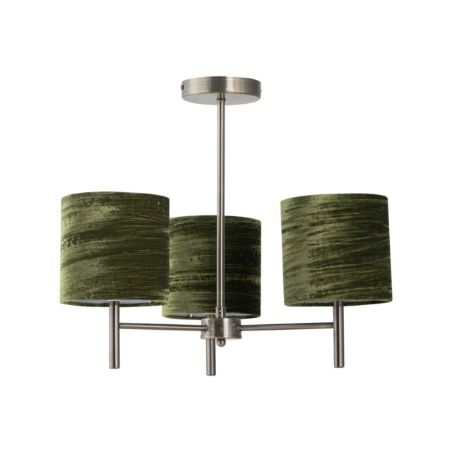 Brea - Antique Brass 3 Light Fitting with Green Crushed Velvet Shades Yellow Green 1