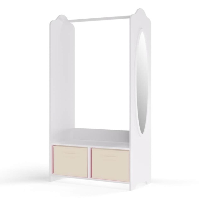 Kids MDF Wooden Hanging Clothes Rail Wardrobe Storage Shelves with Inserts Mirror Cream Cream