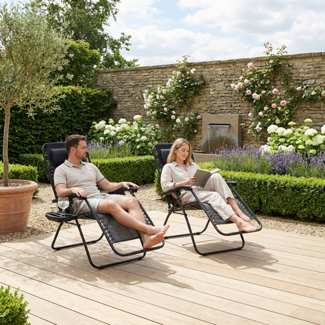 Garden Vida Set of 2 Outdoor Garden Foldable Zero Gravity Chairs with Headrest Pillow - Black