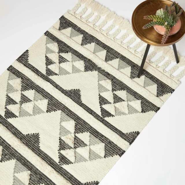 Homescapes Kota Black and Grey Kilim Wool Rug - 120 x 170 cm Grey 120 x 170 cm