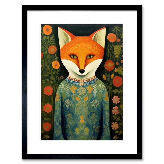 "Fox Flaunting Fancy Floral Frock Felicia Flower 9x7"" Black Framed Wall Art Print"