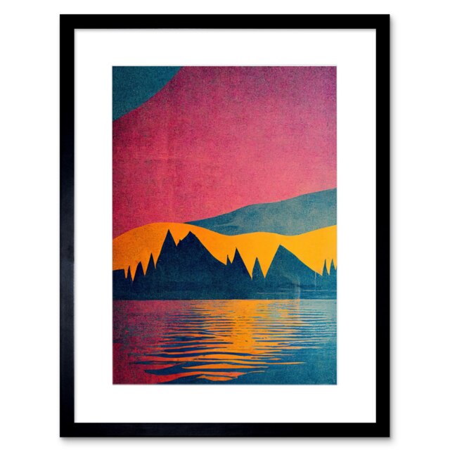 "Sunset at Lakeside Modern Colourful Pop Design 9x7"" Black Framed Wall Art Print"