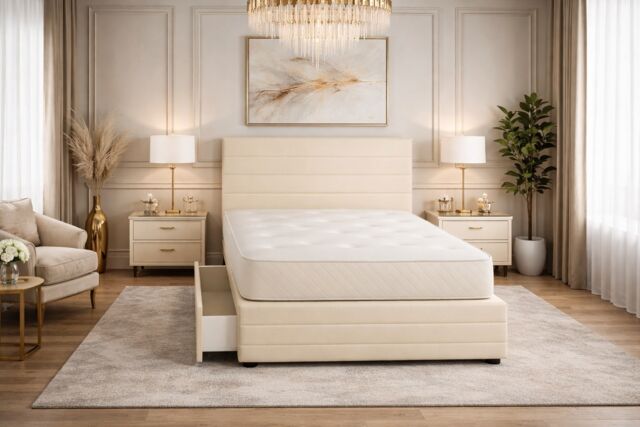 Divan Bed Set Headboard and Footboard with Mattress 3ft Single Cream Suede Storage No Drawers