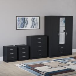 Vida Designs Riano 4 Piece Bedroom Set (2x 3 Drawer Bedside Chest, 5 Drawer Chest, 3 Door 2 Drawer Mirrored Wardrobe) - Black