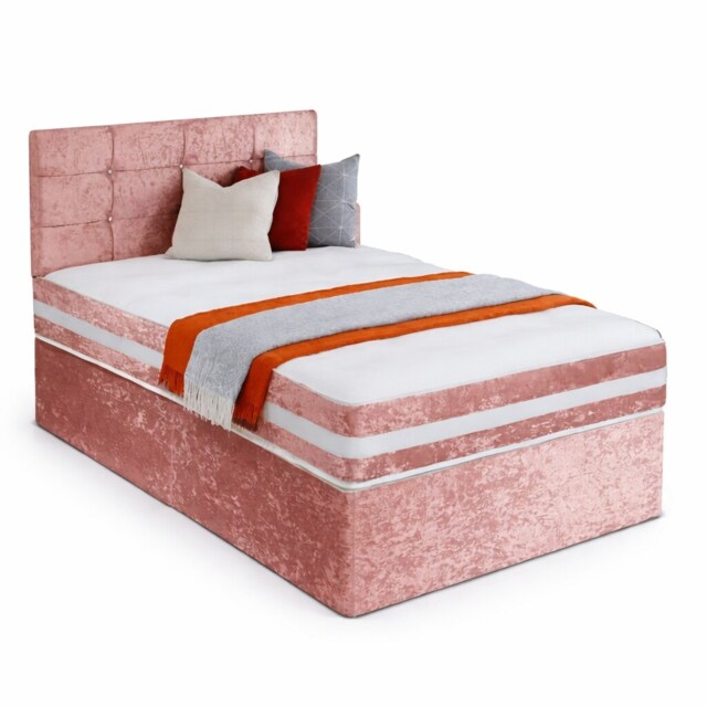 6ft Superking Pink Crushed Velvet Divan Bed Set Orthopaedic Mattress with Cube Headboard 2 Drawers Same Side
