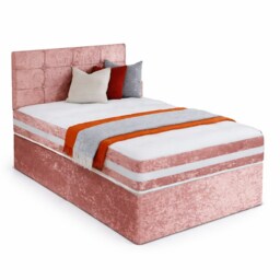 6ft Superking Pink Crushed Velvet Divan Bed Set Orthopaedic Mattress with Cube Headboard 2 Drawers Same Side
