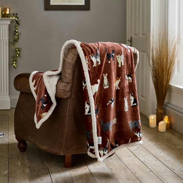Mixed Kitty Brick Cat Print Flannel Throw with Cosy Sherpa Back – 140x180cm