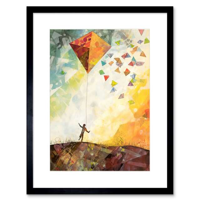 "Go Fly a Kite Rainbow Wind Sunset Abstract 9x7"" Black Framed Wall Art Print"