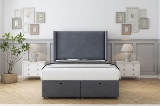 "Sloomy Devonshire Steel Plush Ottoman Bed Base With 54"" Wingback Headboard 6' Super King Grey Steeel Super King 1"
